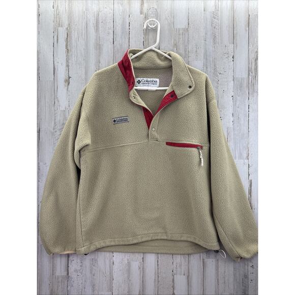 Vintage Columbia Sweater Mens Sz M Tan Red Fleece T Snap Made in USA 80s Flaw - Picture 1 of 10